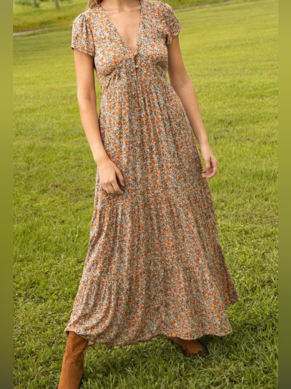 Natural Life Floral V-Neck Maxi Dress in Orange